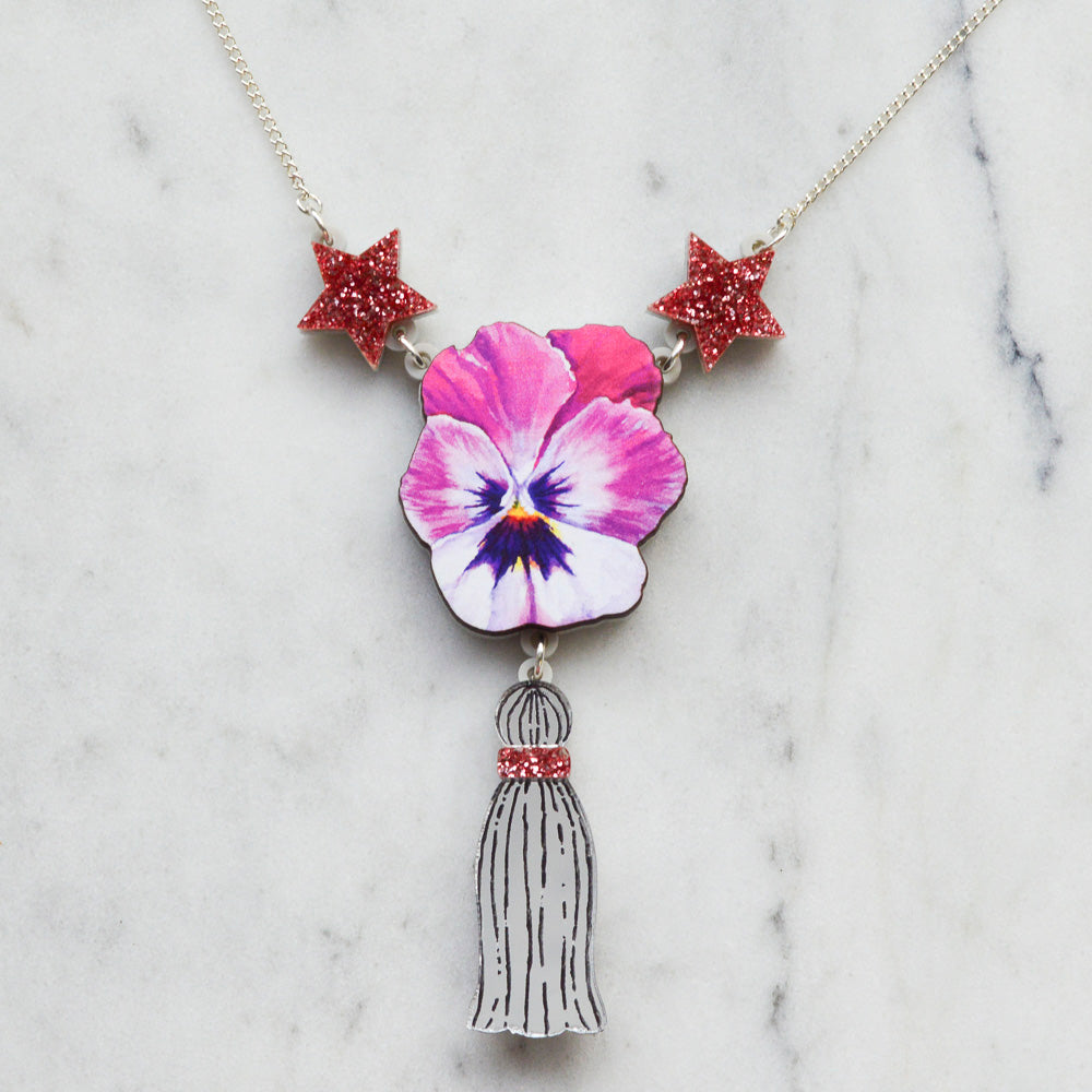 Watercolour Pansy Star Tassel Necklace