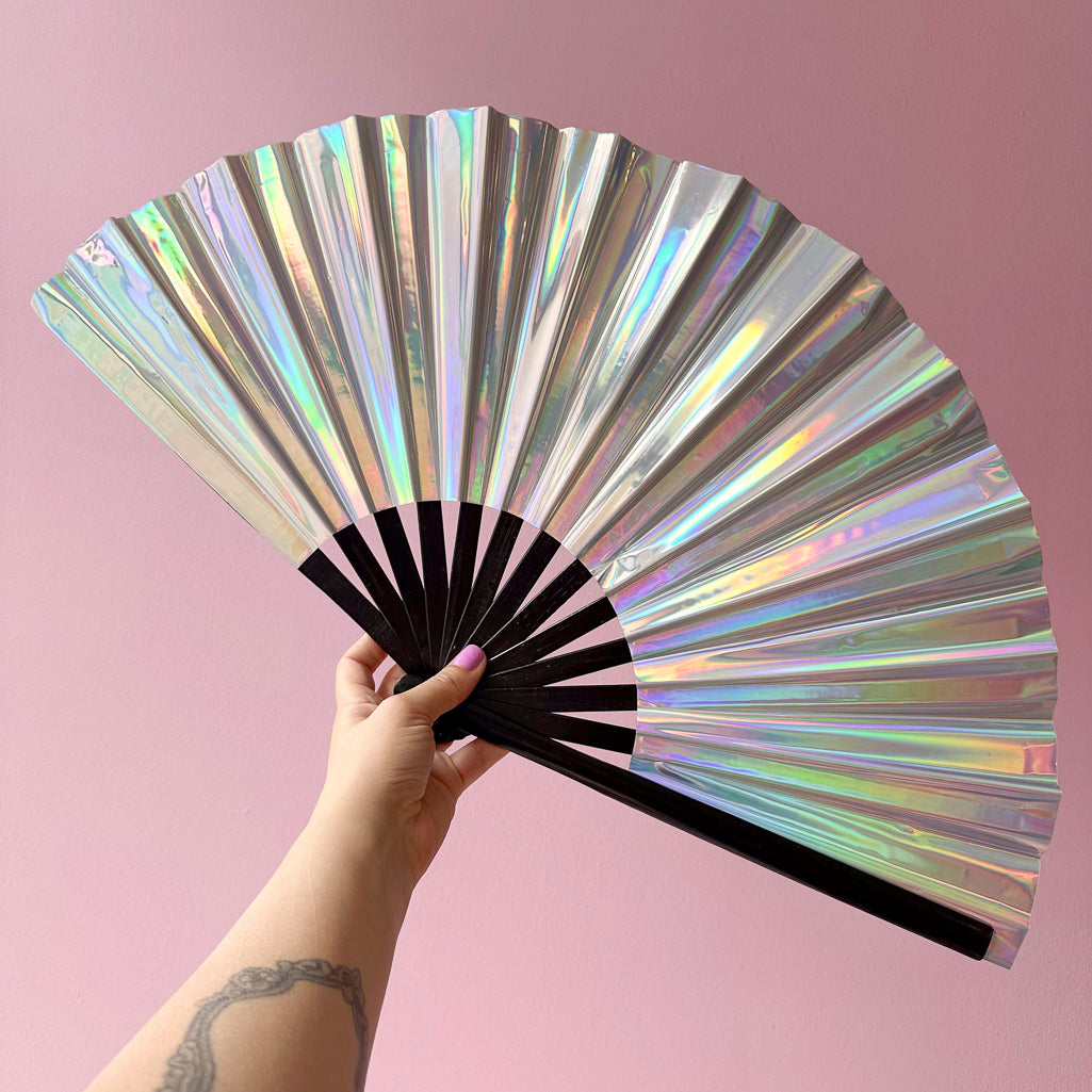 Statement Hand Fan With Black Bamboo Handle, Holographic Silver