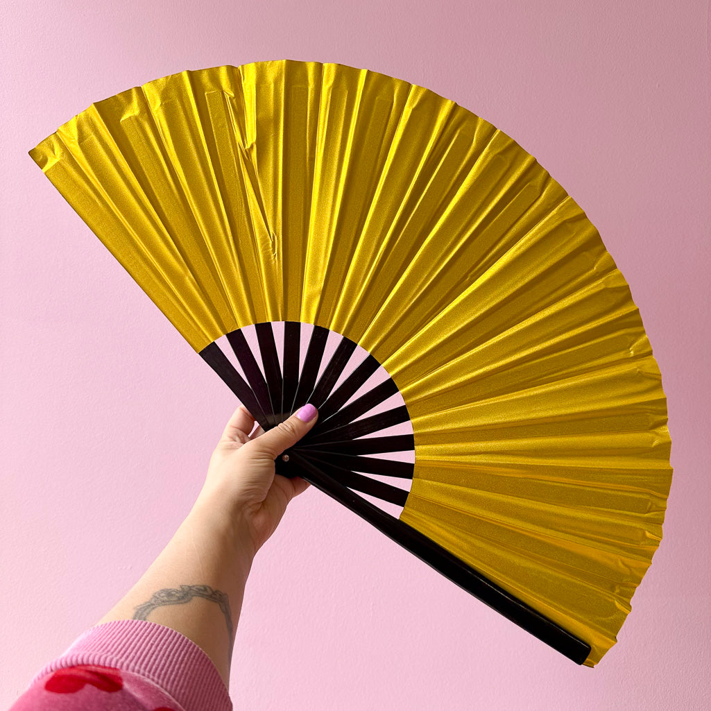 Giant Matte Metallic Hand Fan With Black Bamboo Handle