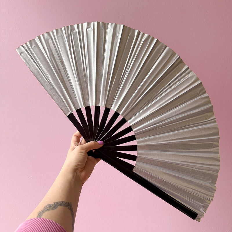 Giant Matte Metallic Hand Fan With Black Bamboo Handle