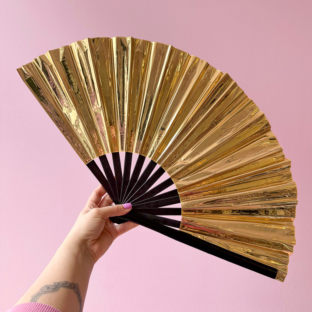 Giant Shiny Metallic Hand Fan With Black Bamboo Handle