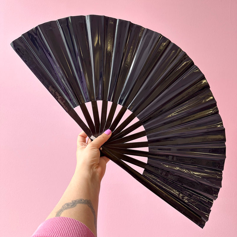 Giant Shiny Metallic Hand Fan With Black Bamboo Handle