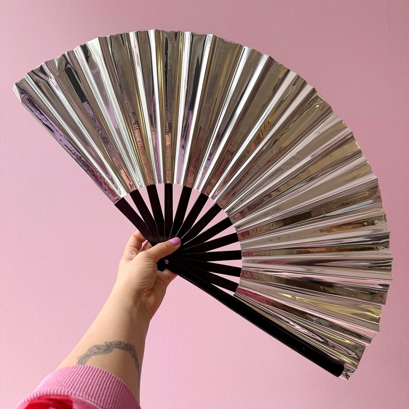 Giant Shiny Metallic Hand Fan With Black Bamboo Handle