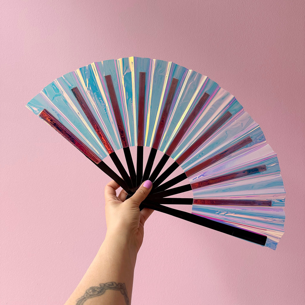 Iridescent Small Hand Fan With Black Bamboo Handle