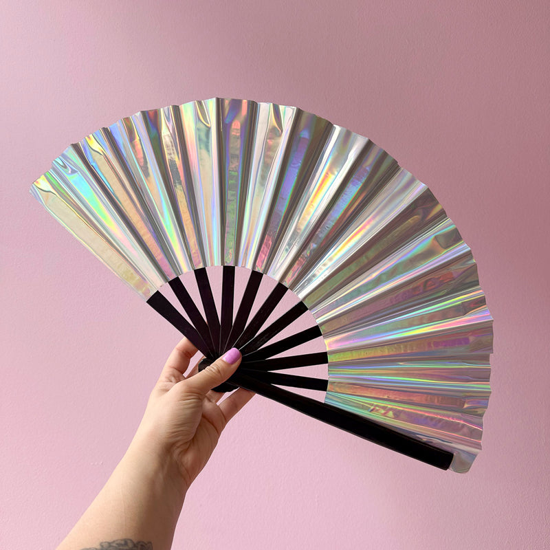 Statement Hand Fan With Black Bamboo Handle, Holographic Silver