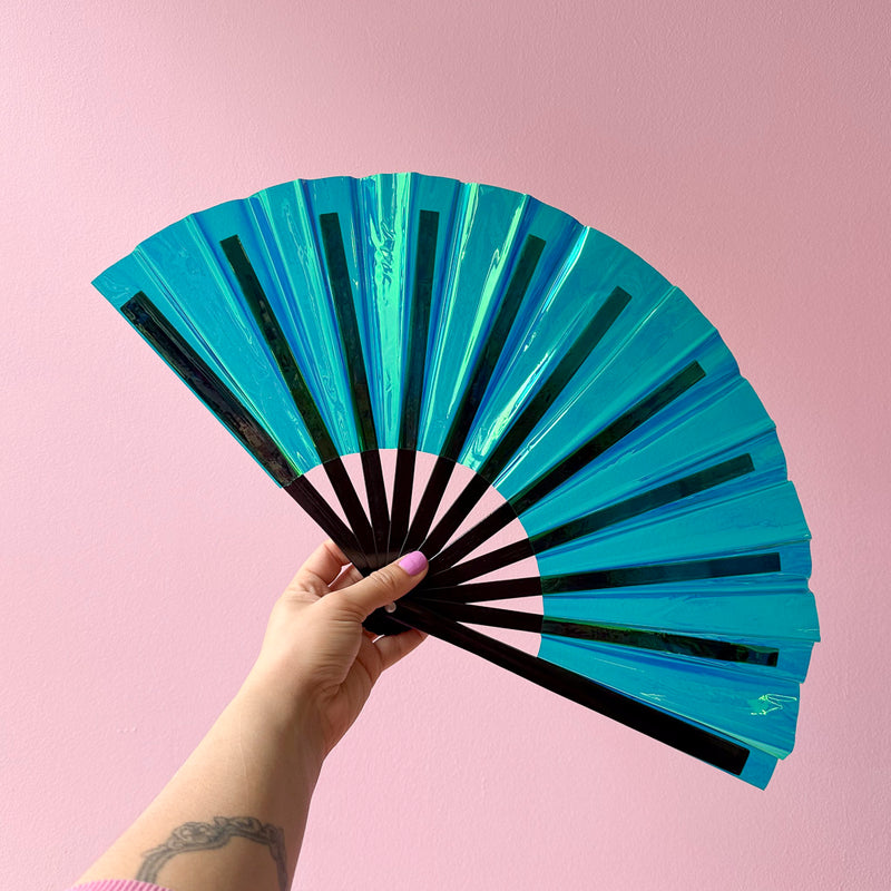 Iridescent Small Hand Fan With Black Bamboo Handle