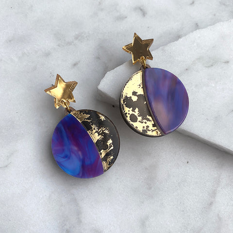 Moon Phase Long Dangle Earrings - Gold & Purple