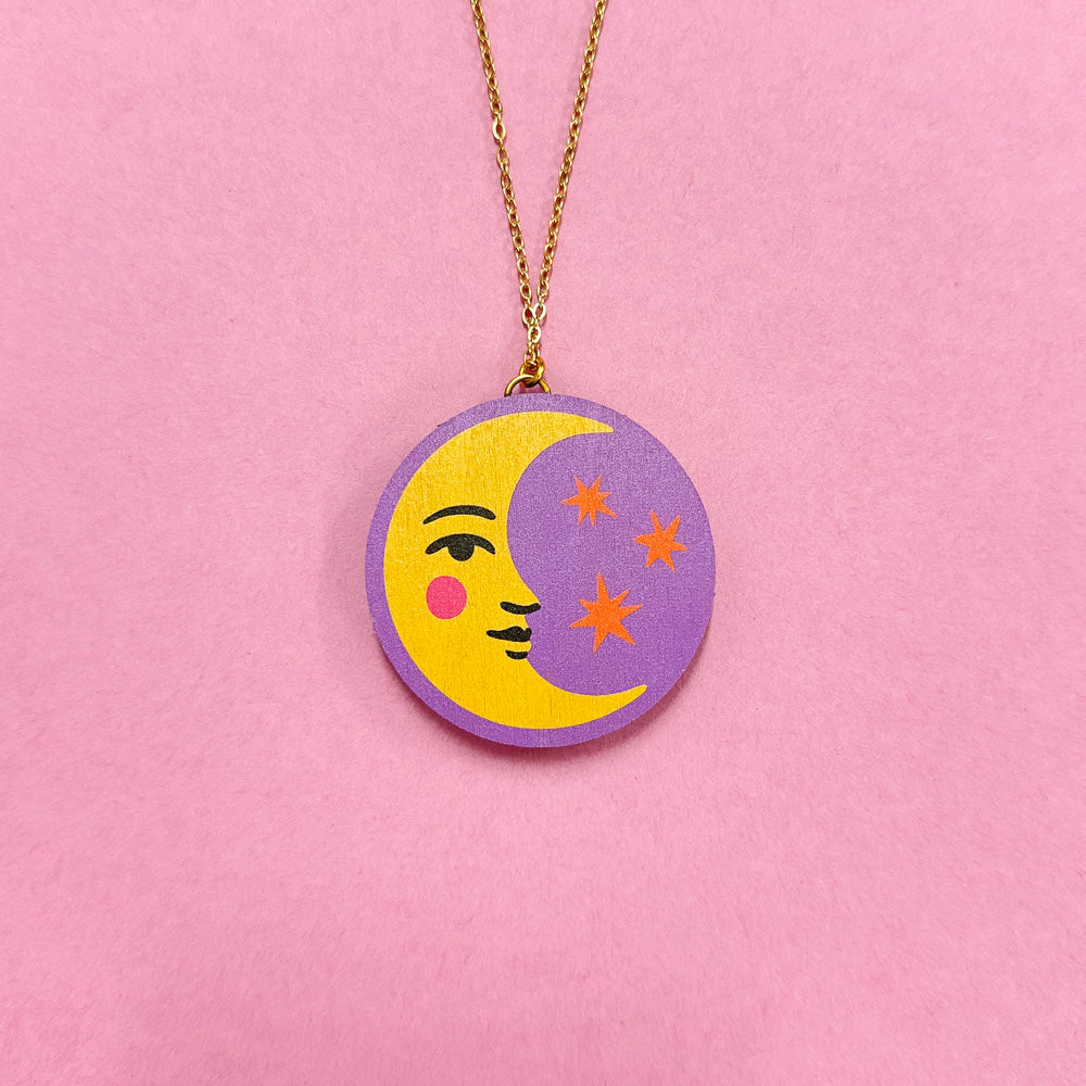 Sun & Moon reversible wooden pendant necklace