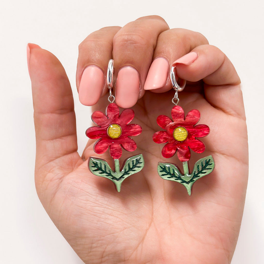 Retro Daisy Dangle Earrings - Scarlet Red