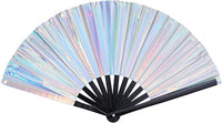 Giant Hand Fan With Black Bamboo Handle, Holographic Silver