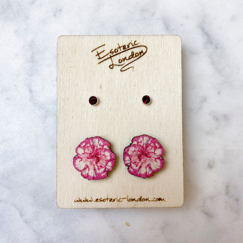 Birth flower & birthstone stud earring set - January: Carnation & Garnet