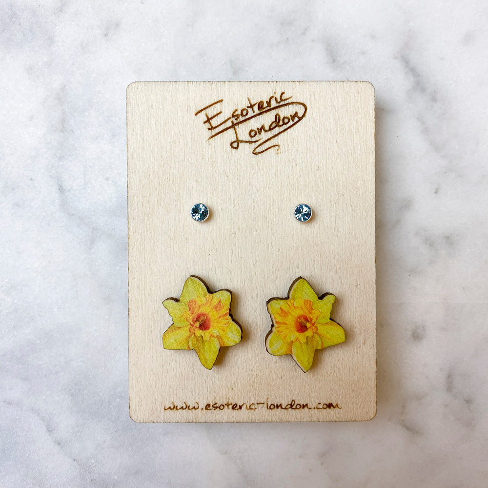 Birth flower & birthstone stud earring set - March: Daffodil & Aquamarine