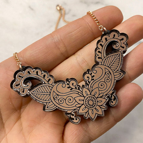 Mirror Paisley Etched Owl Necklace