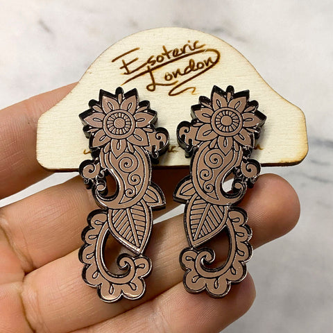 Mirror Floral Paisley Etched Dangle Earrings