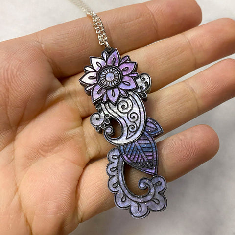 Mirror Paisley Etched Owl Necklace