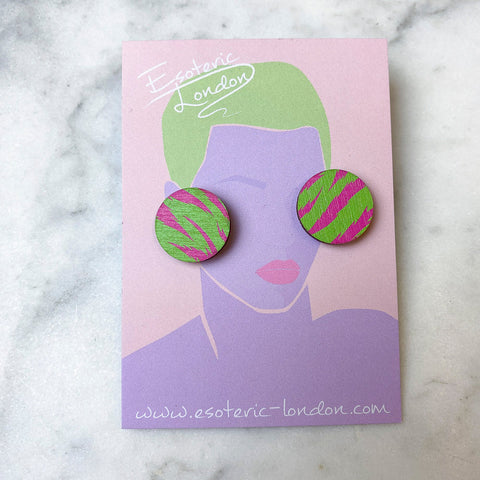 Wild Pink & Lime Tiger Print Round Statement Fan Earrings