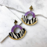 Wild Gold & Lilac Zebra Print Round Statement Fan Earrings
