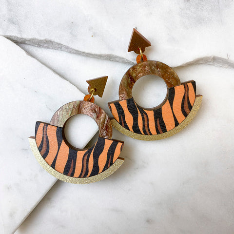 Wild Brown & Orange Tiger Print Stud Earrings