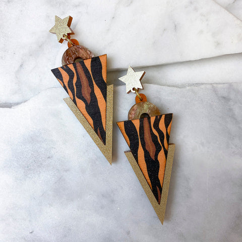 Wild Brown & Orange Tiger Print Stud Earrings