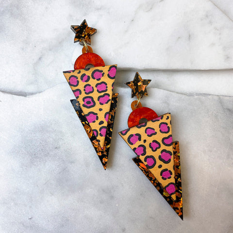 Leather Inlay Dangle Earrings - Triangles