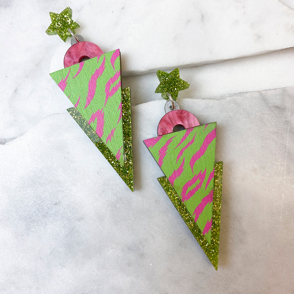Wild Pink & Lime Tiger Print Triangle Dangle Studs