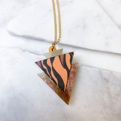 Wild Gold & Lilac Zebra Stripe Print Triangle Dangle Studs