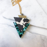 Wild Black & Teal Cow Print Triangle Pendant Necklace