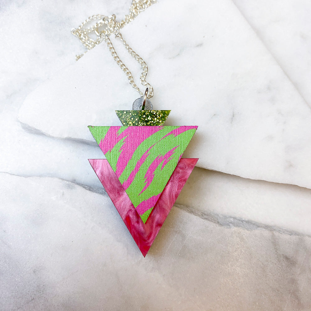 Wild Pink & Lime Tiger Print Triangle Pendant Necklace