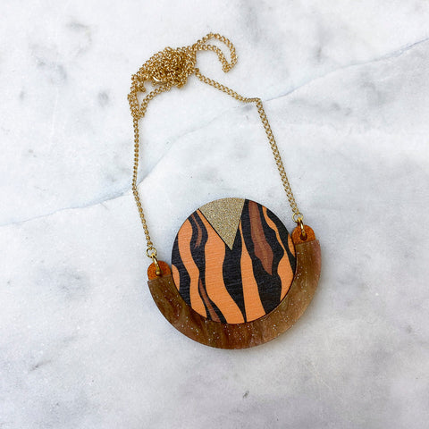 Wild Brown & Gold Tiger Stripe Print Statement Necklace