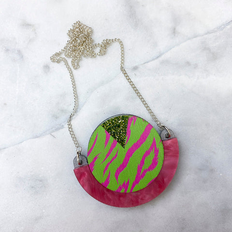 Wild Pink & Lime Tiger Print Statement Necklace