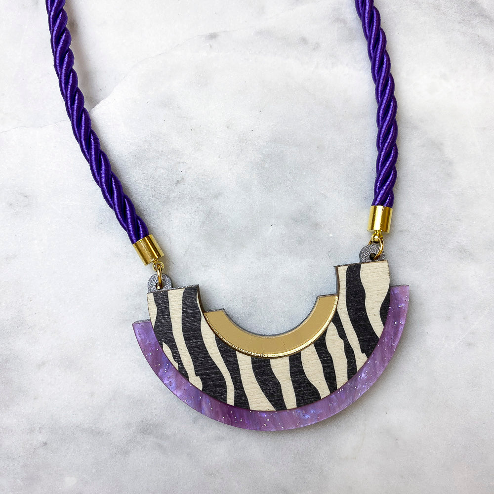 Wild Gold & Lilac Zebra Stripe Print Statement Necklace