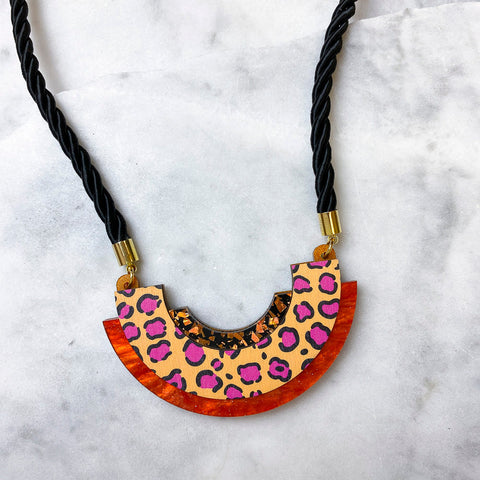 Wild Pink & Lime Tiger Print Round Pendant Necklace
