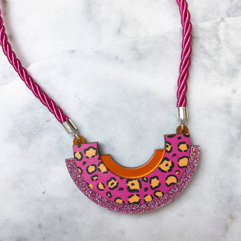 Wild Orange Leopard Print Round Pendant Necklace