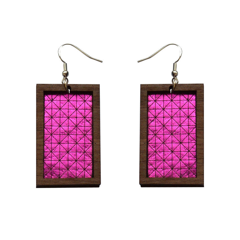 Leather Inlay Dangle Earrings - Rectangles